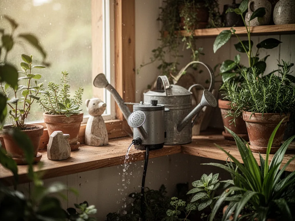 Vue d'un jardin avec des tuyaux dissimulés pour un système d'arrosage