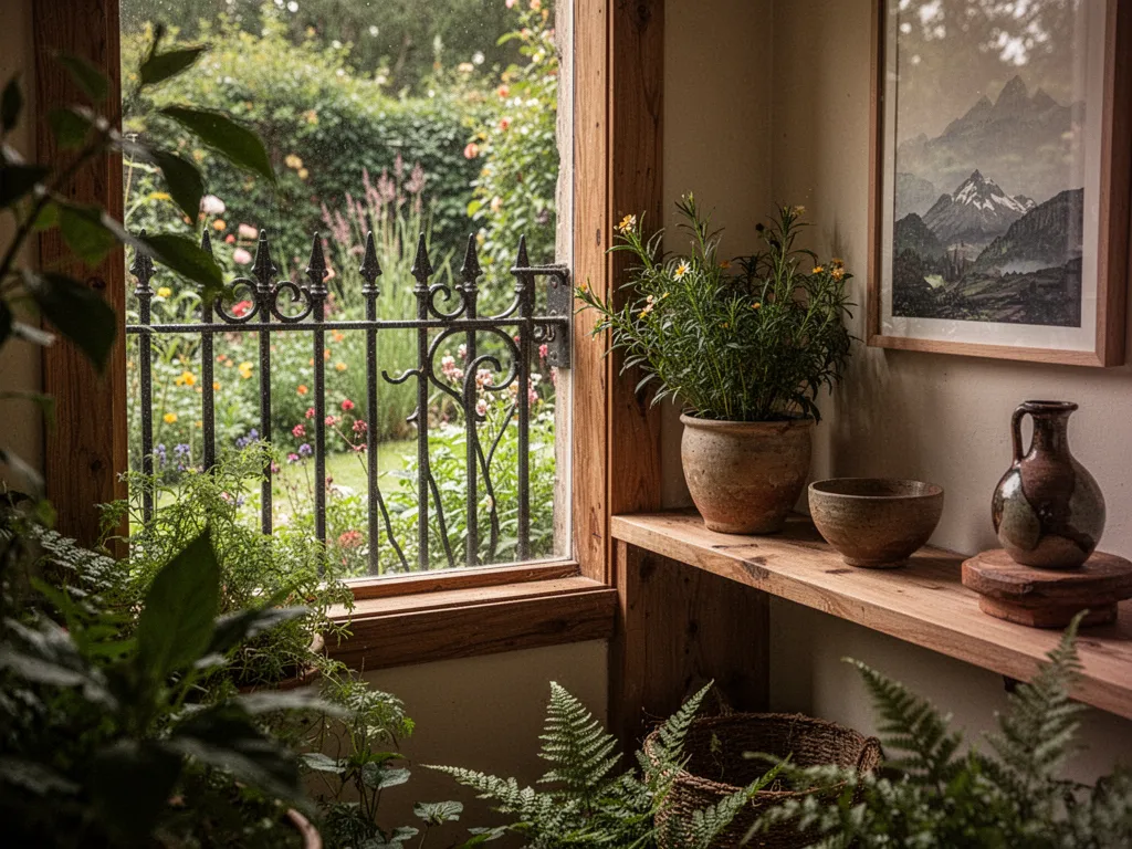 Clôture en bois avec haie mixte et portillon, vue sur un jardin entretenu